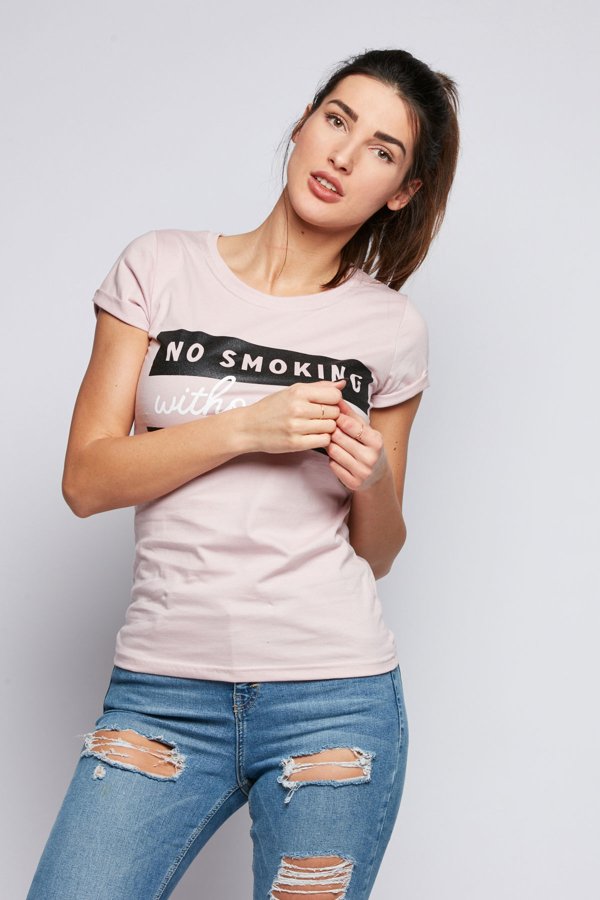 T-shirt Diamante Wear No Smoking pudrowy róż