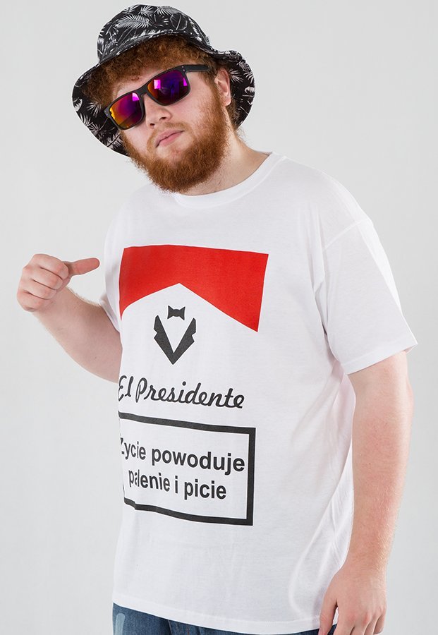 T-shirt El Presidente Życie Powoduje Palenie I Picie biały